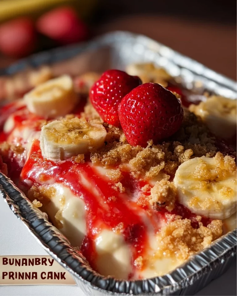 Strawberry Crunch Banana Pudding Pan dessert topped with strawberries and crunchy layers
