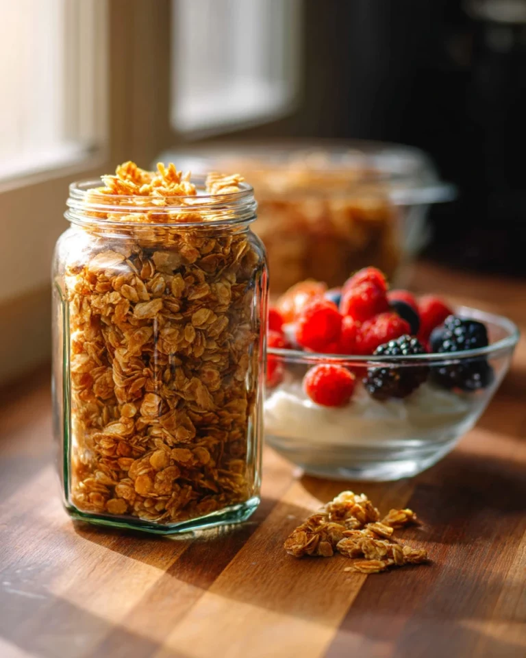Bowl of crunchy homemade granola with nuts and dried fruits