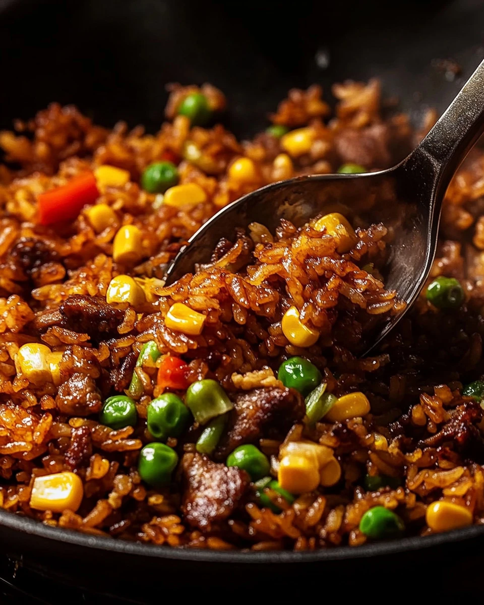 Delicious beef fried rice served in a bowl, garnished with green onions