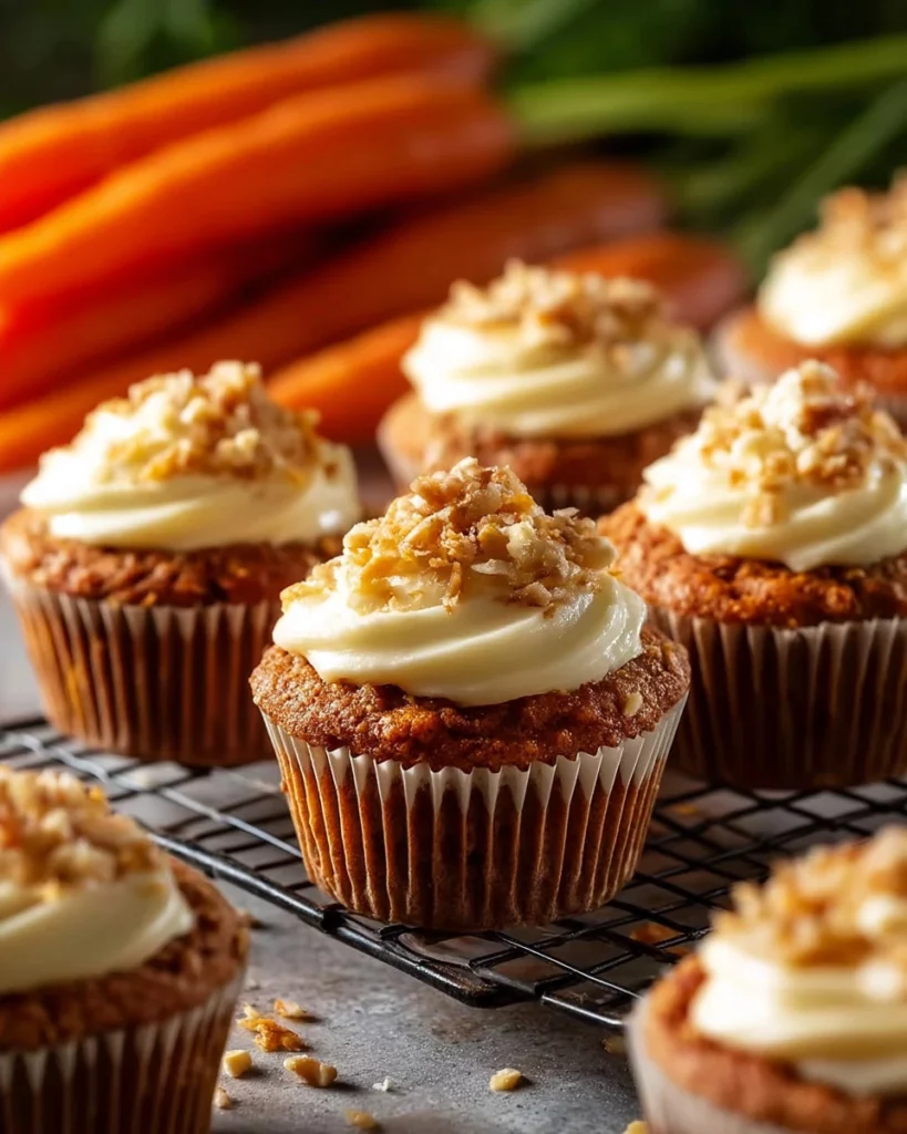 Delicious carrot cake cupcakes topped with cream cheese frosting