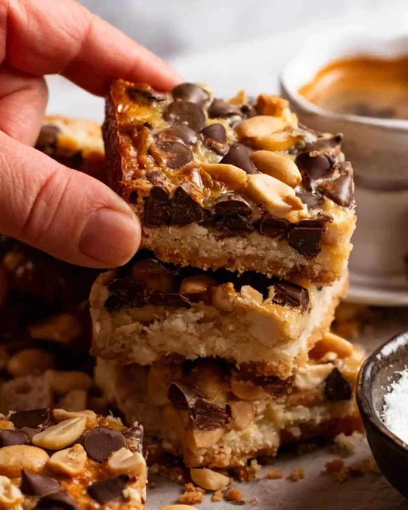 No-Bowl Chocolate Nut Bars with nuts and chocolate on a wooden table