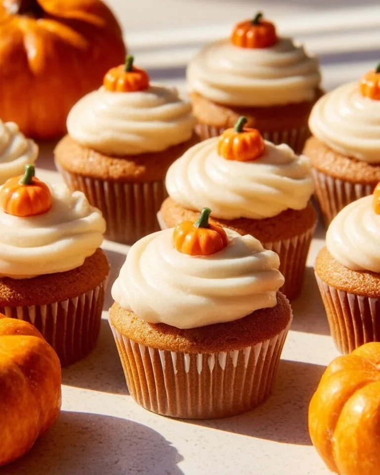 Delicious pumpkin cupcakes with brown sugar cream cheese frosting on a plate