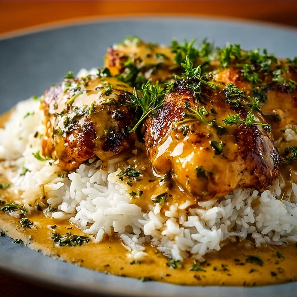 Delicious smothered chicken served over rice in a creamy sauce