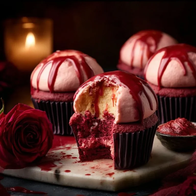 Delicious Vampire Bite Cupcakes with red filling and spooky decorations.