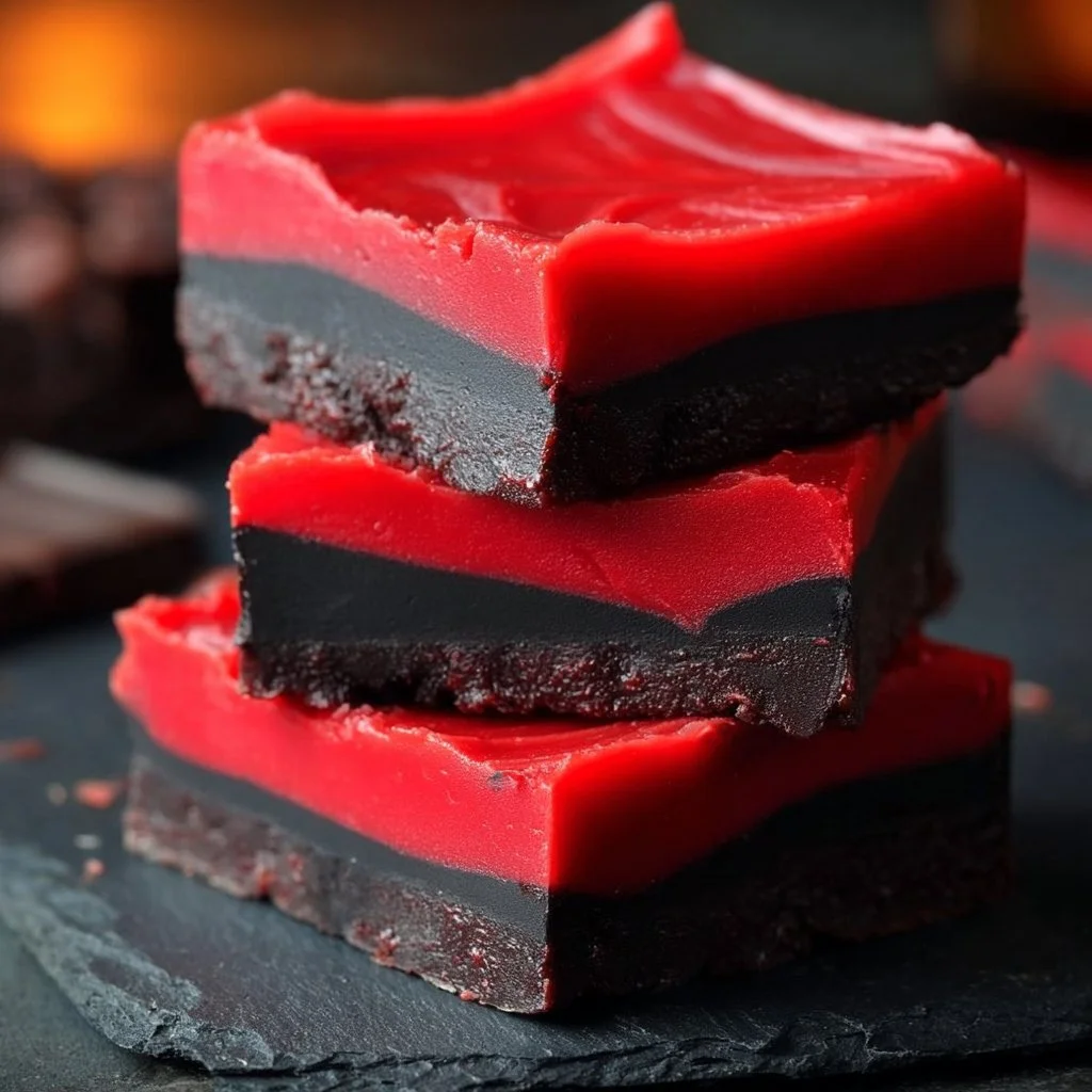 Homemade Vampire Fudge - spooky Halloween dessert with chocolate and red swirls.