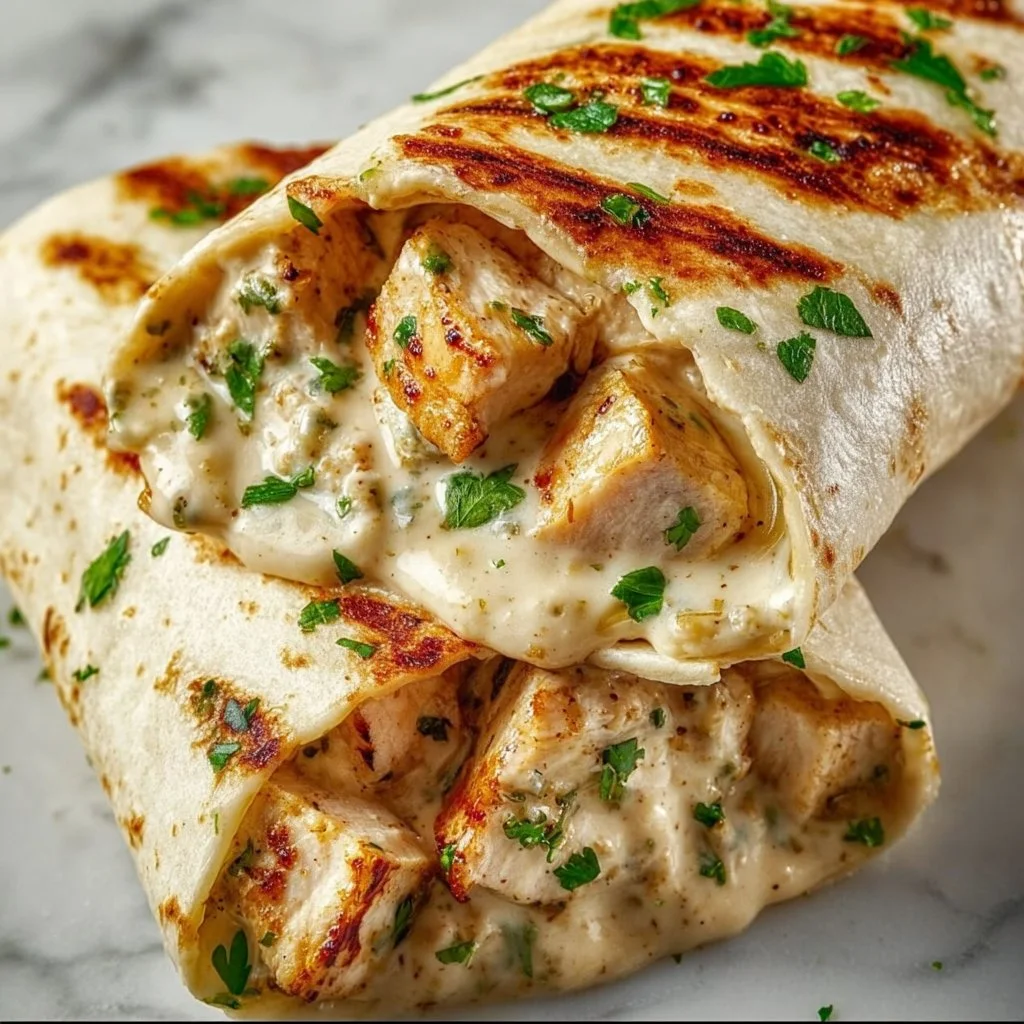Cheesy garlic chicken wraps filled with fresh ingredients and melted cheese