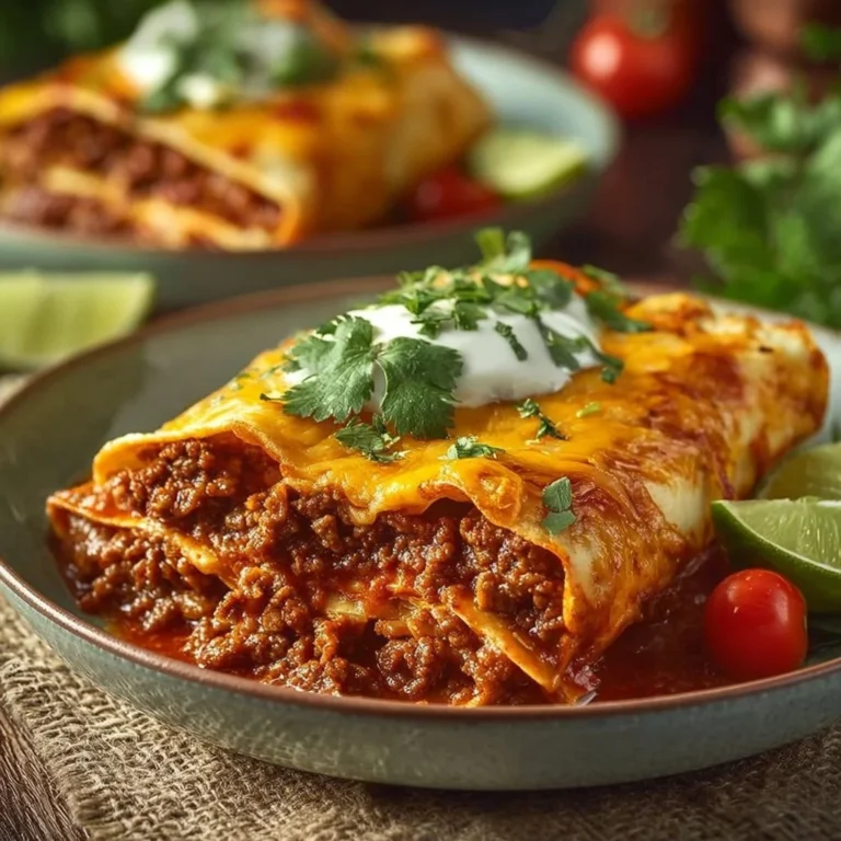 Delicious ground beef enchiladas topped with cheese and sauce.