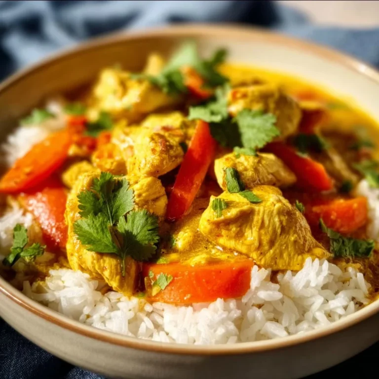 Bowl of delicious crockpot coconut curry chicken with colorful vegetables.