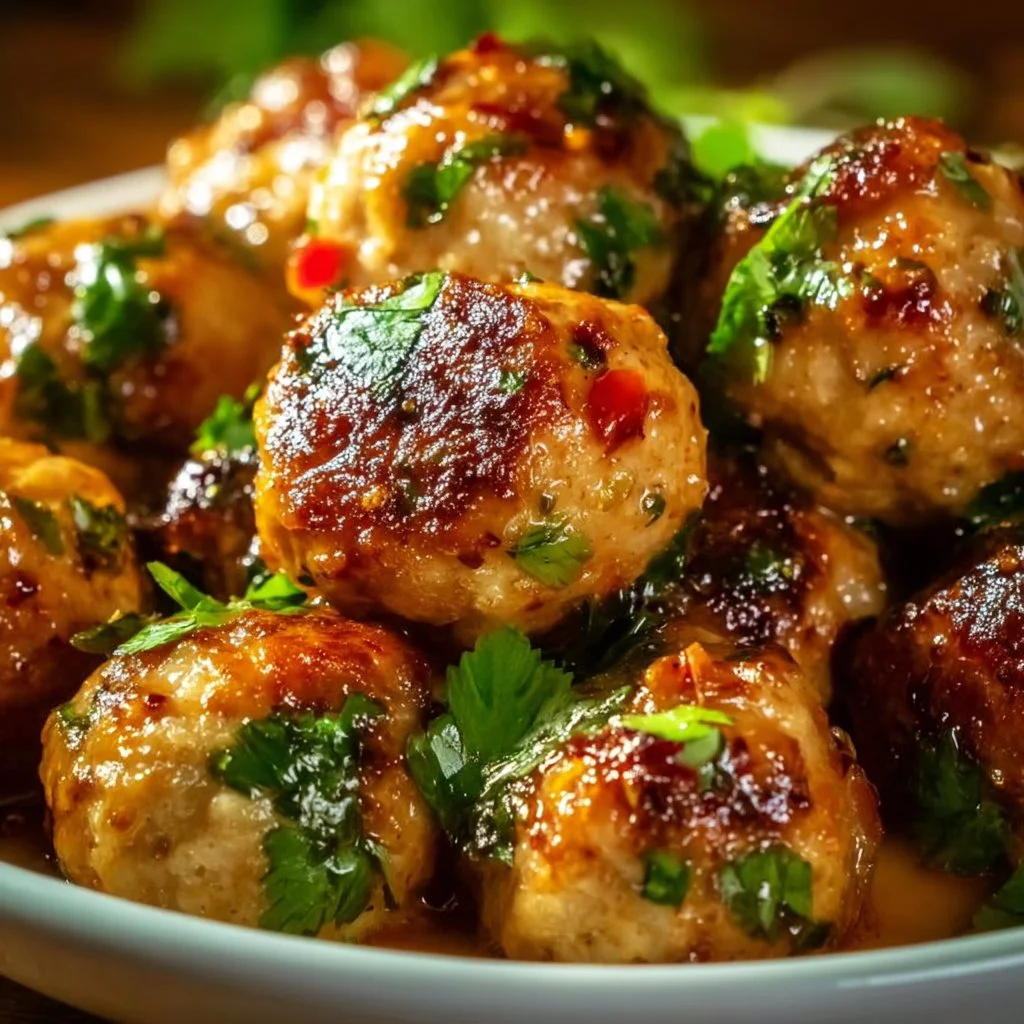 Delicious Thai baked chicken meatballs served with dipping sauce.