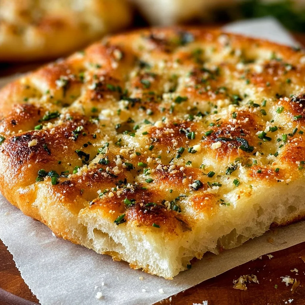 Freshly baked Garlic Parmesan Focaccia Bread with herbs and cheese.