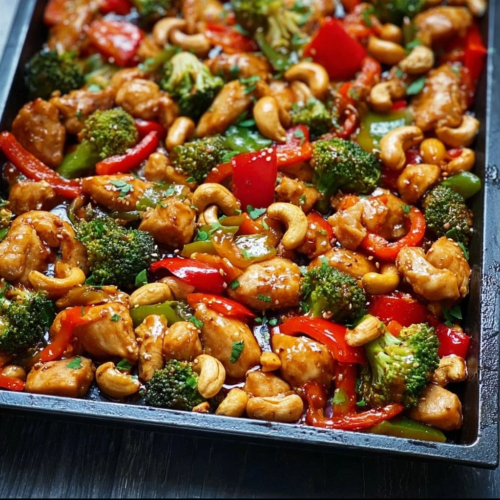 Sheet pan cashew chicken with vegetables baked to perfection
